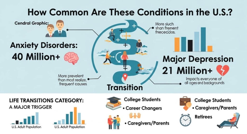 Statistics showing how common anxiety and depression are in the United States.