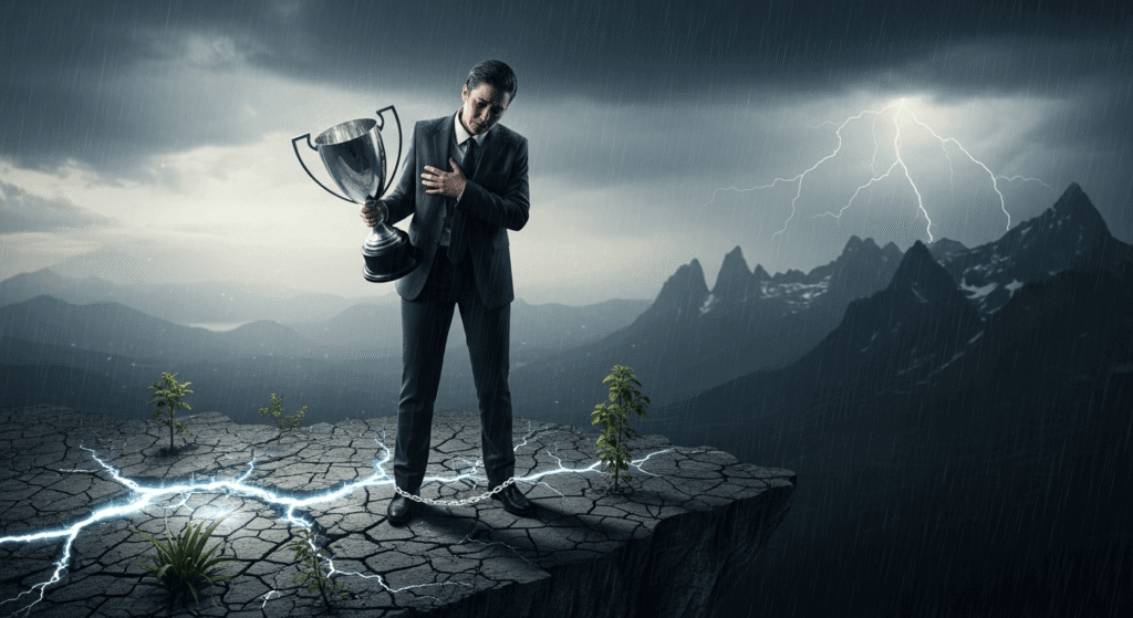 Person standing on a mountaintop looking thoughtful, symbolizing the journey of emotional healing, breaking self-sabotage patterns, and redefining success.