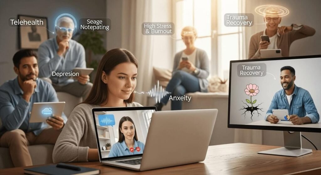 Telehealth mental health support for anxiety, depression, trauma, and stress.