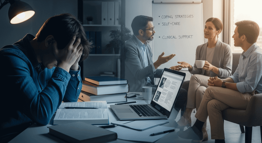 Trainee therapist experiencing emotional exhaustion during early career stages.