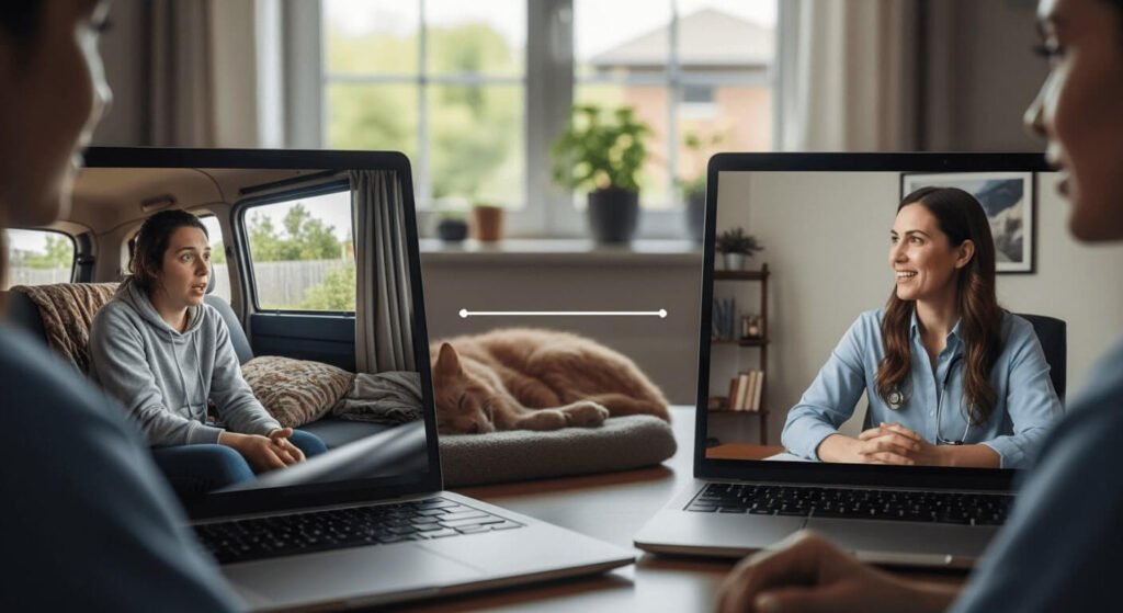 Therapist and client building connection through a secure telehealth video session.