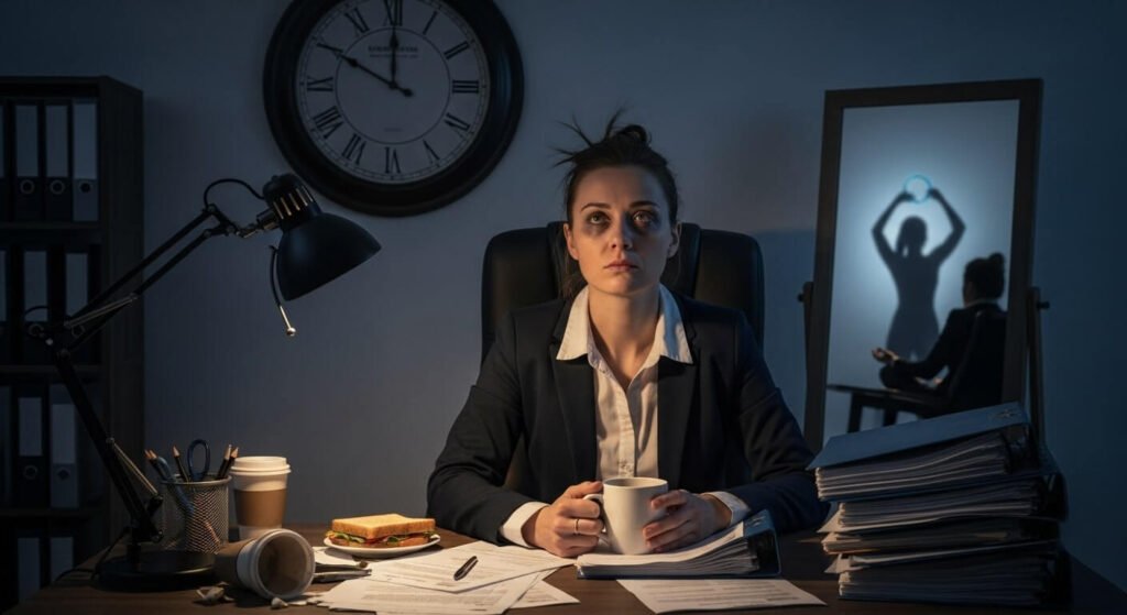 Visual representation of challenges preventing mental health professionals from practicing self-care, including heavy caseloads, limited resources, personal expectations, and workplace culture.