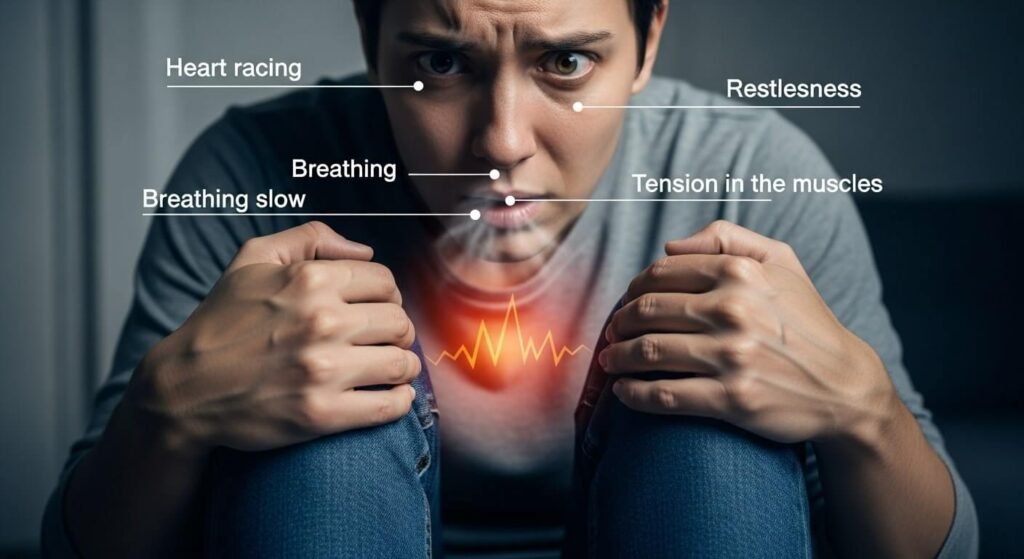 Body response during fight or flight including muscle tension and heightened alertness