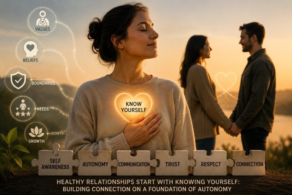 Healthy couple building a strong relationship through self-awareness, trust, and emotional maturity.