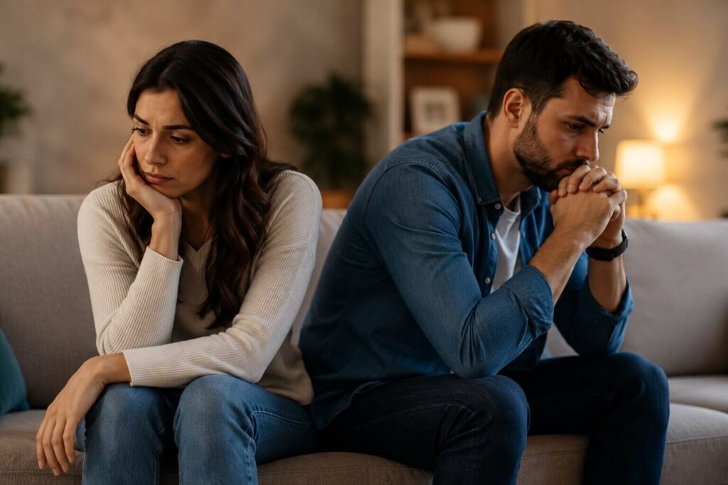 Couple sitting apart reflecting emotional disconnection after losing teamwork in marriage