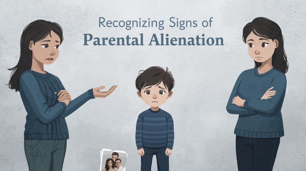 Child showing signs of parental alienation by rejecting one parent after family conflict